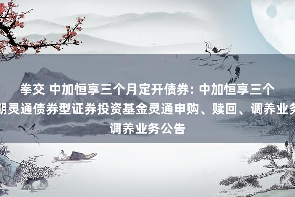 拳交 中加恒享三个月定开债券: 中加恒享三个月依期灵通债券型证券投资基金灵通申购、赎回、调养业务公告